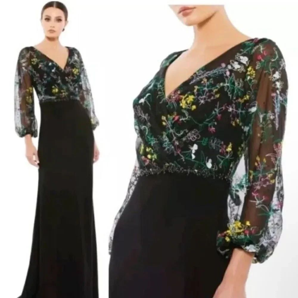 Mac Duggal 79379 Embroidered Mesh Long Sleeve Column Gown Black $498